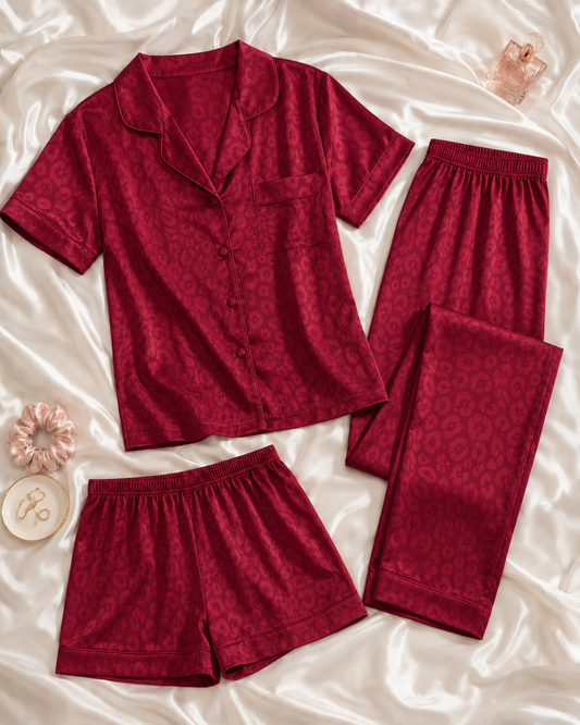 3-Piece Leopard Satin Pajama Set