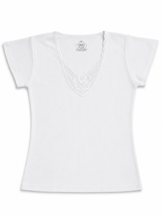 Ribbed Cotton Thermal Short Sleeve Undershirt – Lace V-Neck