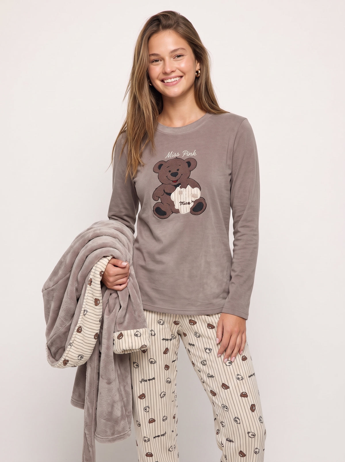 Mocha Bear 3-Piece Velvet Pajama & Hooded Plush Robe Set
