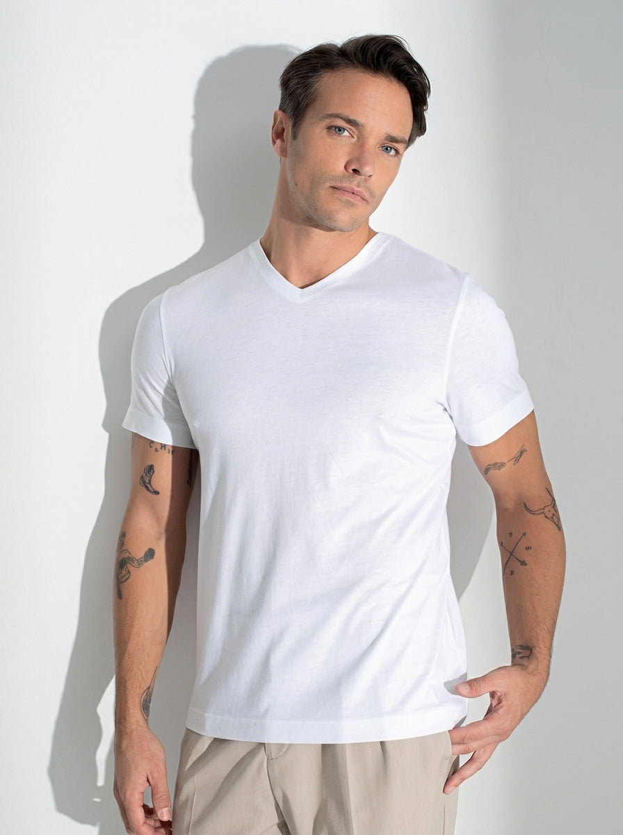 Stretch Cotton High V-Neck Undershirt - White