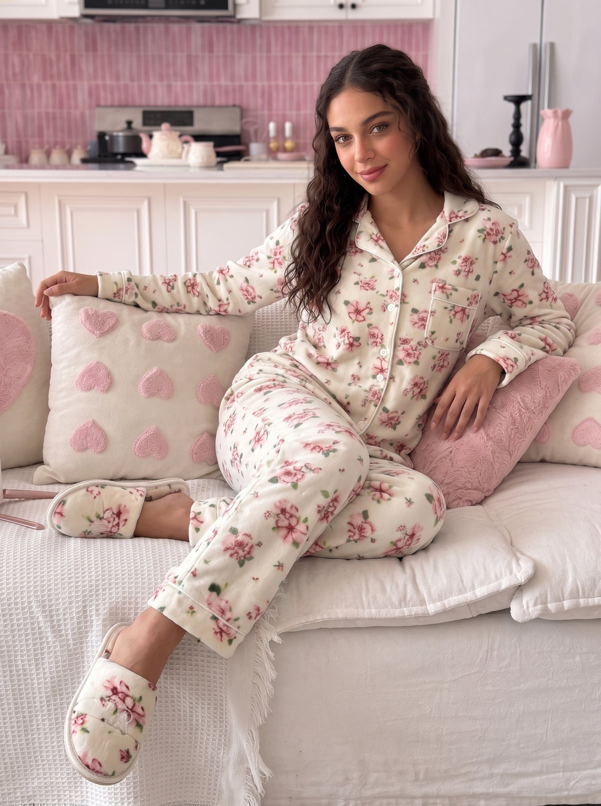 English Rose Plush Velvet PJ & Slipper Set