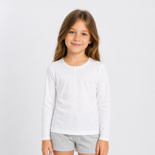 Girls Cotton Long Sleeve Undershirt - White