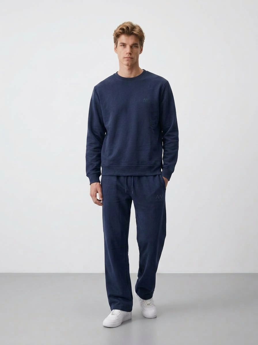 Cotton Crewneck Tracksuit Set | Relaxed Straight Leg
