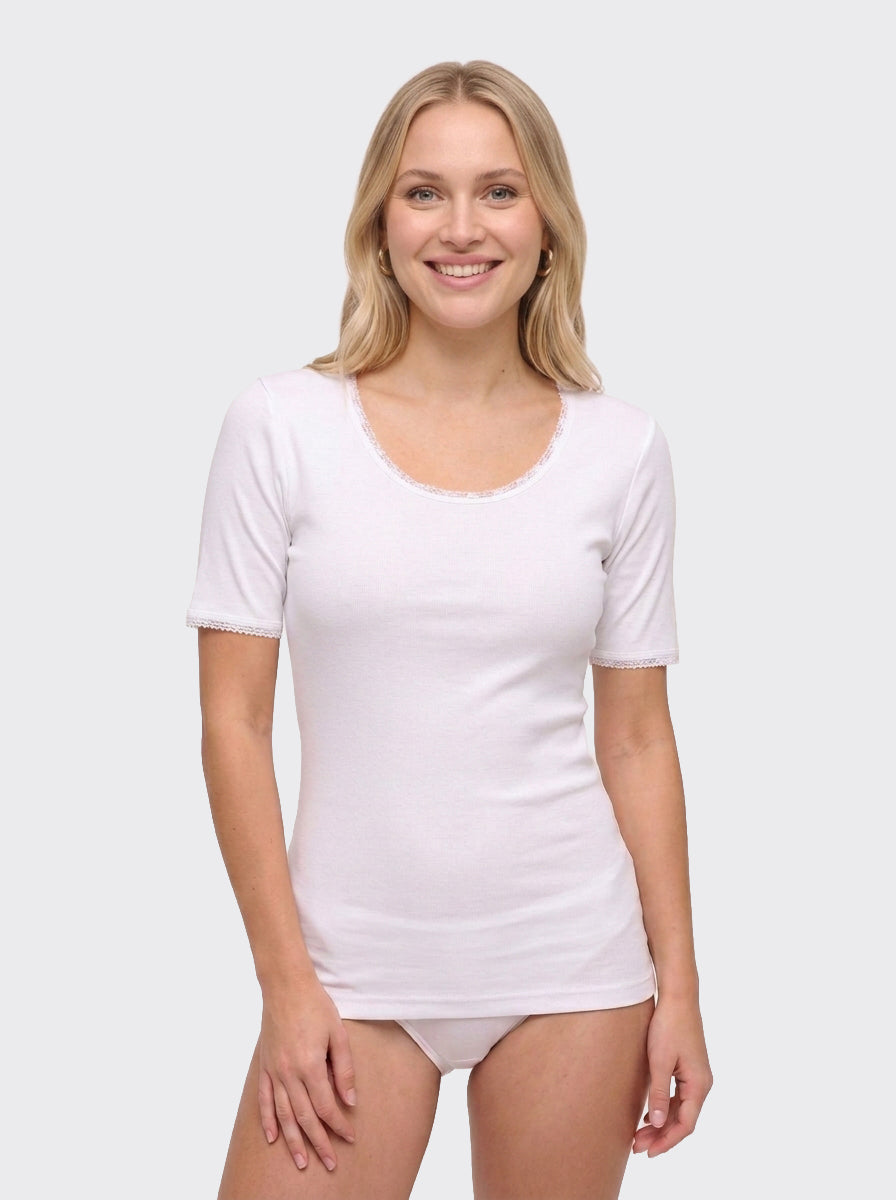 Maro Pure Cotton Ribbed O-Neck Undershirt with Lace Trim