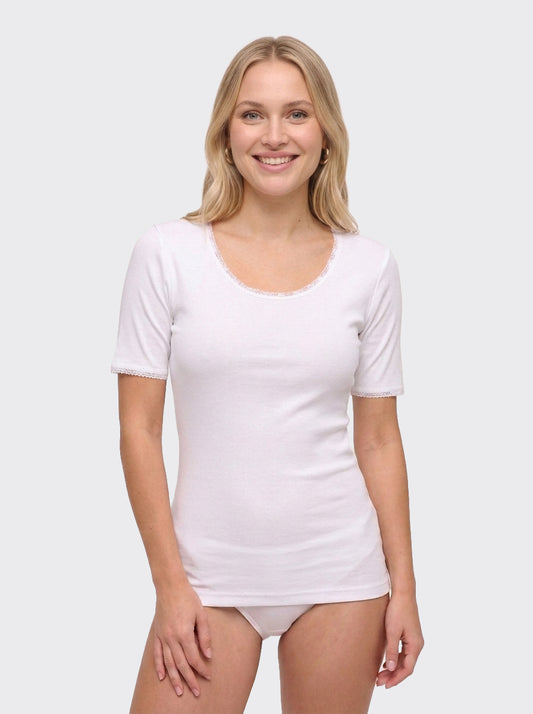 Maro Pure Cotton Ribbed O-Neck Undershirt with Lace Trim