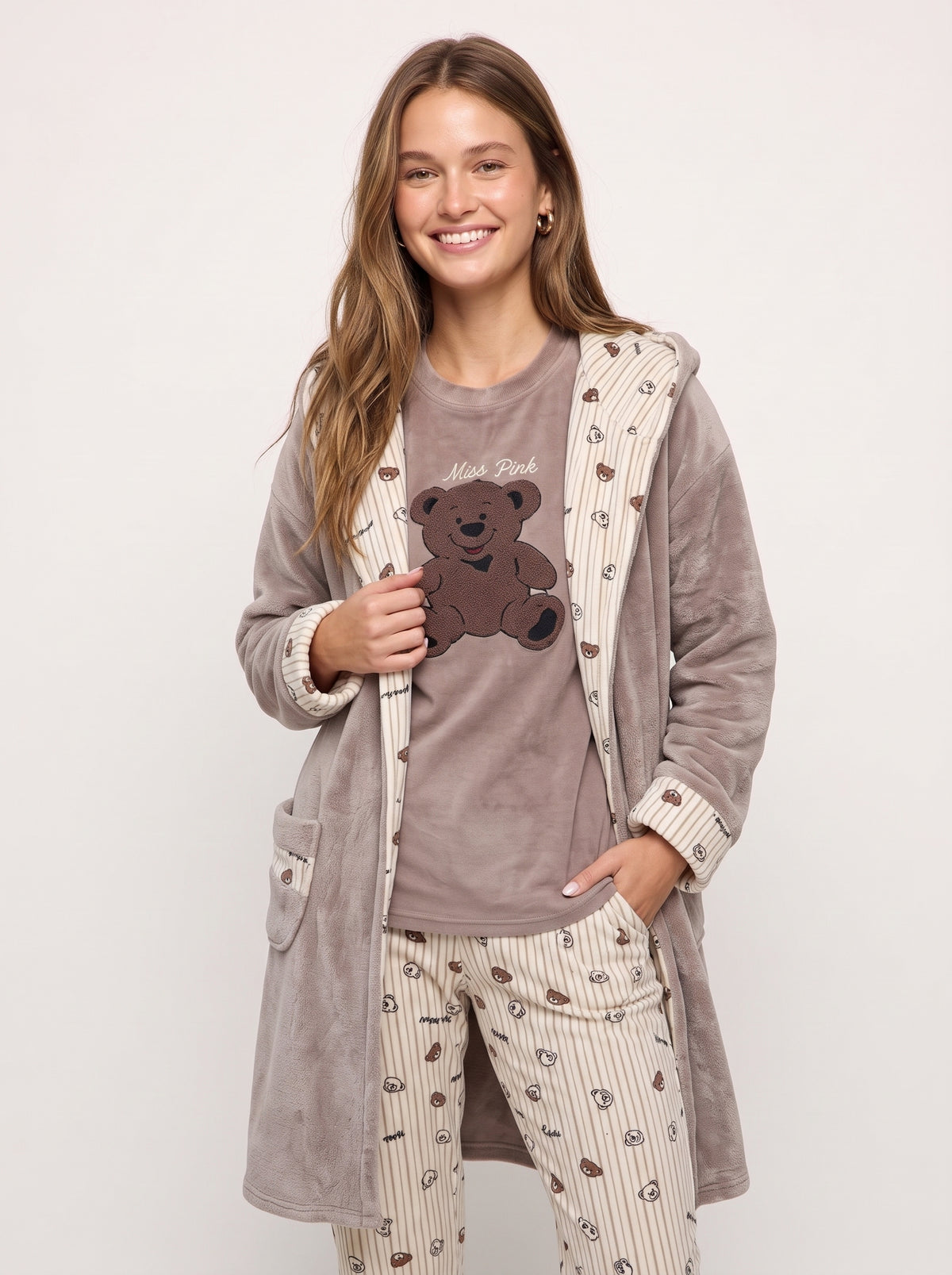 Mocha Bear 3-Piece Velvet Pajama & Hooded Plush Robe Set