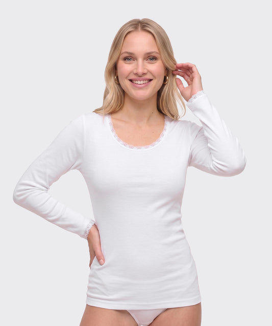 Maro Pure Cotton Ribbed Long-Sleeve Undershirt with Lace Trim