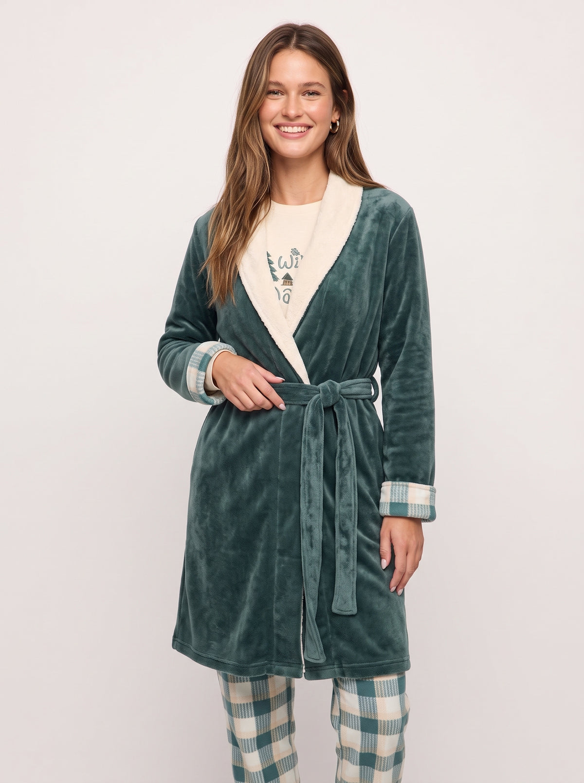 Pine & Plaid 3-Piece Velvet Pajama & Plush Robe Set