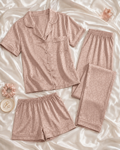 3-Piece Leopard Satin Pajama Set