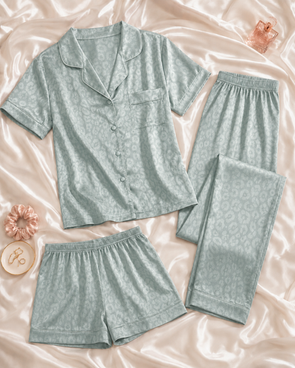 3-Piece Leopard Satin Pajama Set