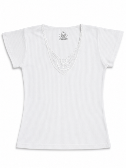 Ribbed Cotton Thermal Short Sleeve Undershirt – Lace V-Neck