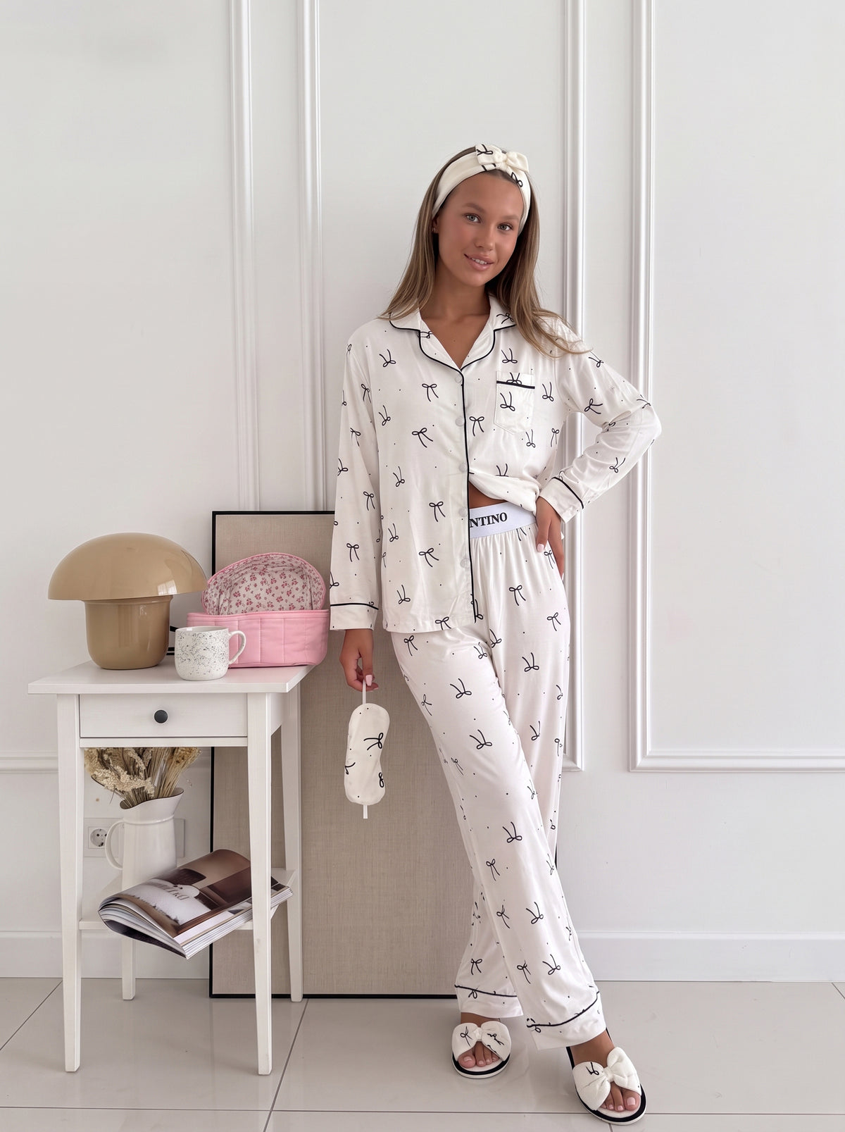 Vanilla Bow Aesthetic Soft Button-Front PJ Set