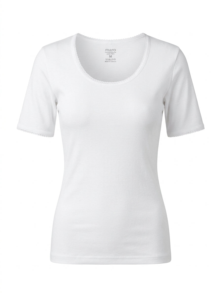 Maro Pure Cotton Ribbed O-Neck Undershirt with Lace Trim