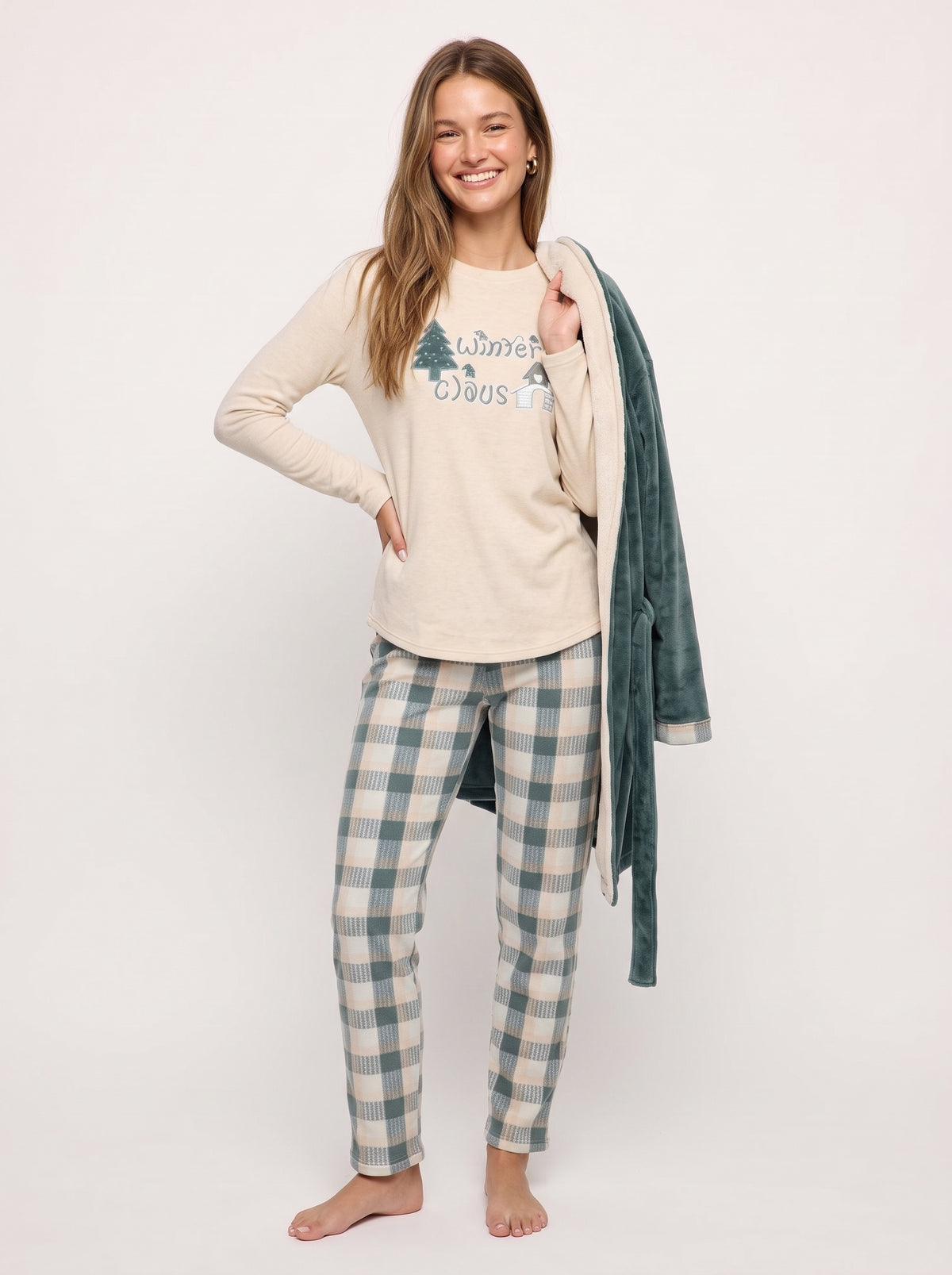 Pine & Plaid 3-Piece Velvet Pajama & Plush Robe Set