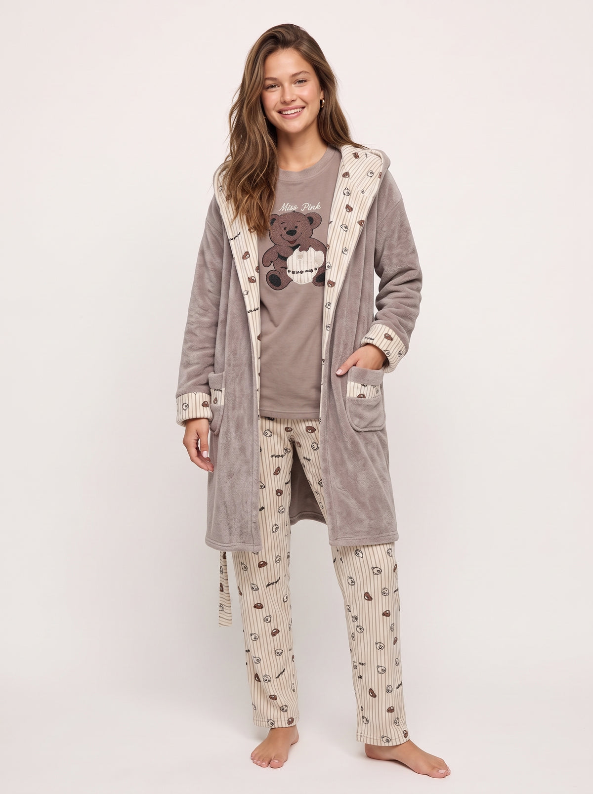 Mocha Bear 3-Piece Velvet Pajama & Hooded Plush Robe Set