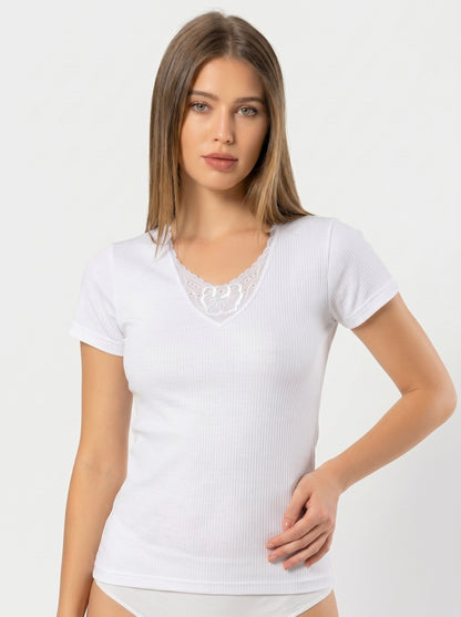Ribbed Cotton Thermal Short Sleeve Undershirt – Lace V-Neck