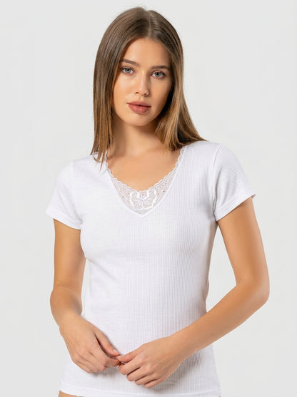 Ribbed Cotton Thermal Short Sleeve Undershirt – Lace V-Neck