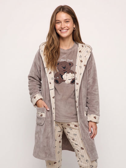 Mocha Bear 3-Piece Velvet Pajama & Hooded Plush Robe Set