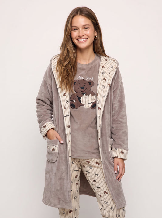 Mocha Bear 3-Piece Velvet Pajama & Hooded Plush Robe Set
