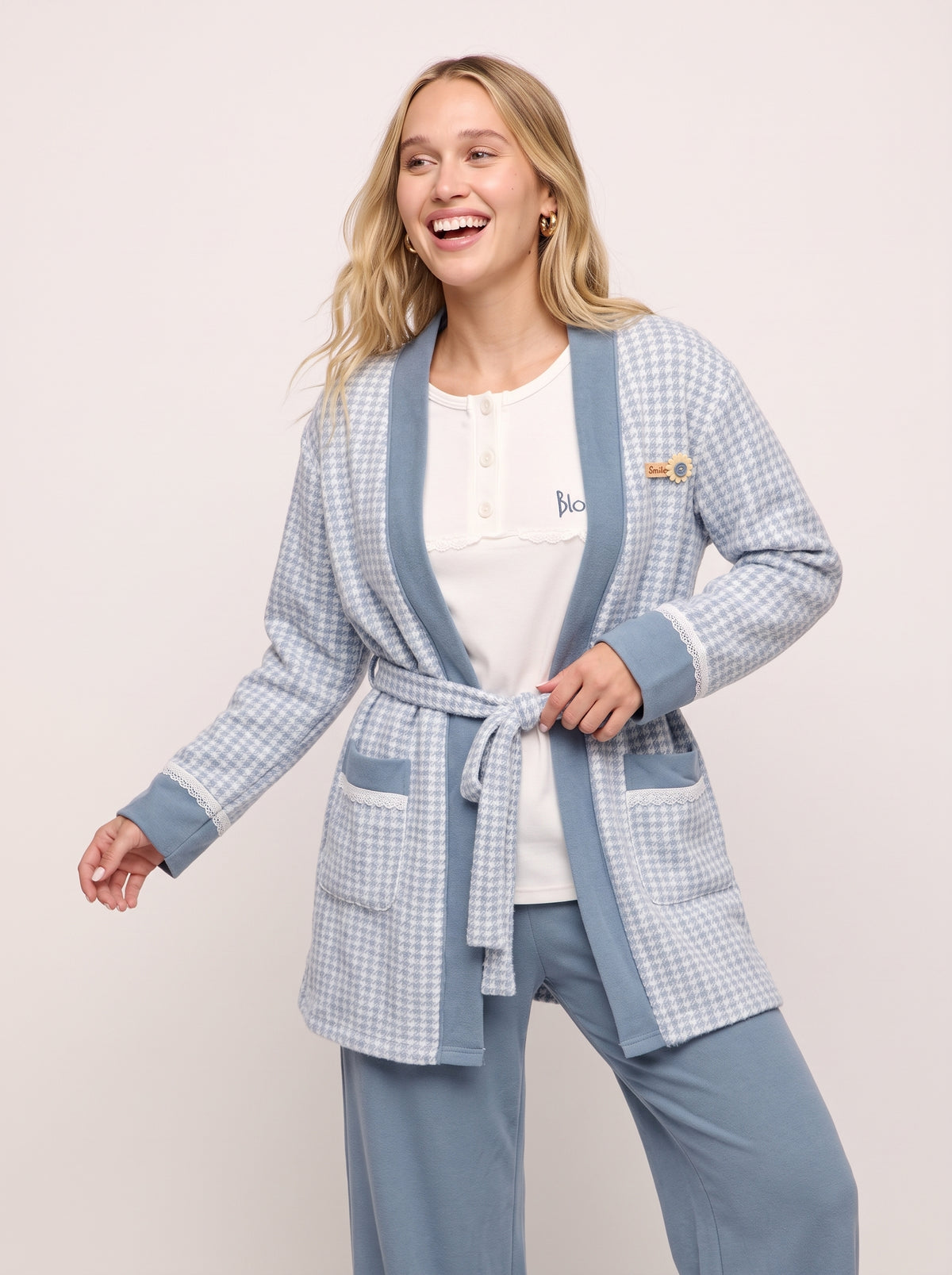 Houndstooth 3-Piece Knit Cardigan & Pajama Set