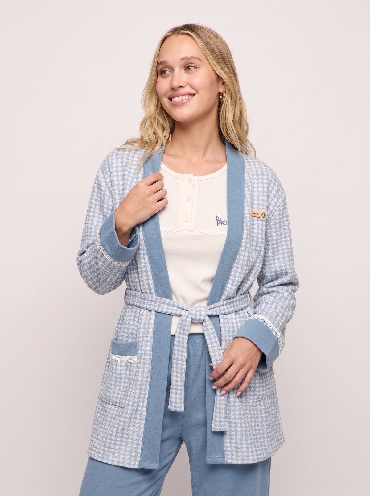 Houndstooth 3-Piece Knit Cardigan & Pajama Set