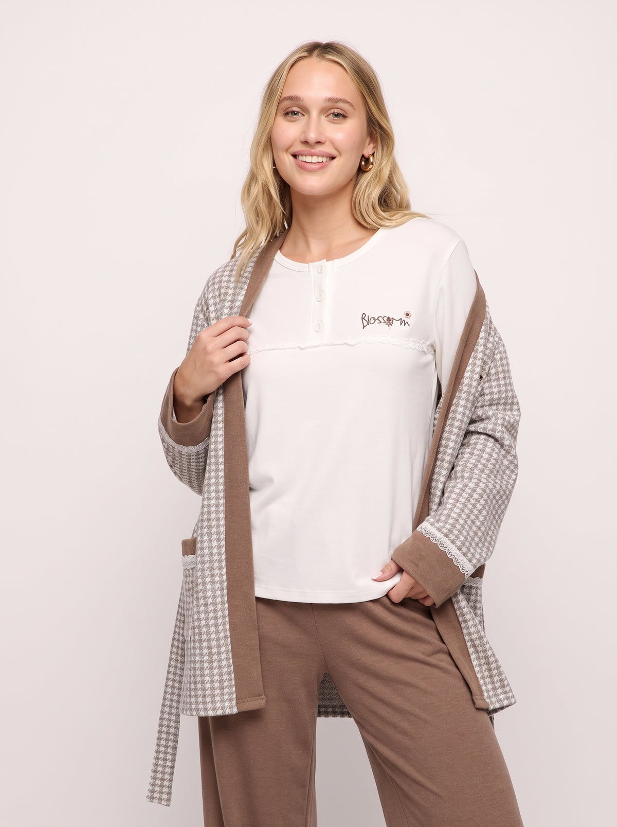 Houndstooth 3-Piece Knit Cardigan & Pajama Set