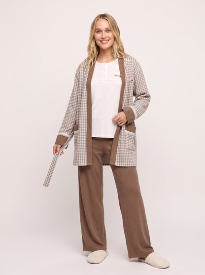 Houndstooth 3-Piece Knit Cardigan & Pajama Set