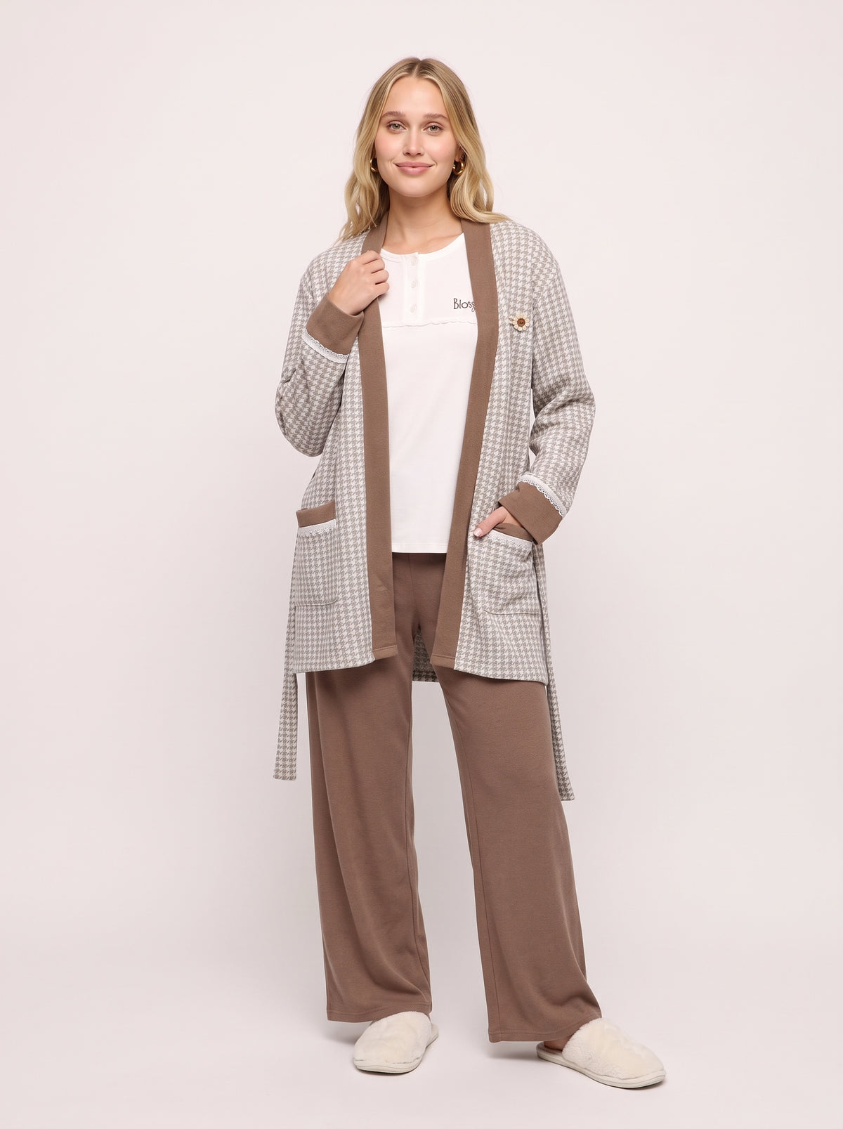Houndstooth 3-Piece Knit Cardigan & Pajama Set