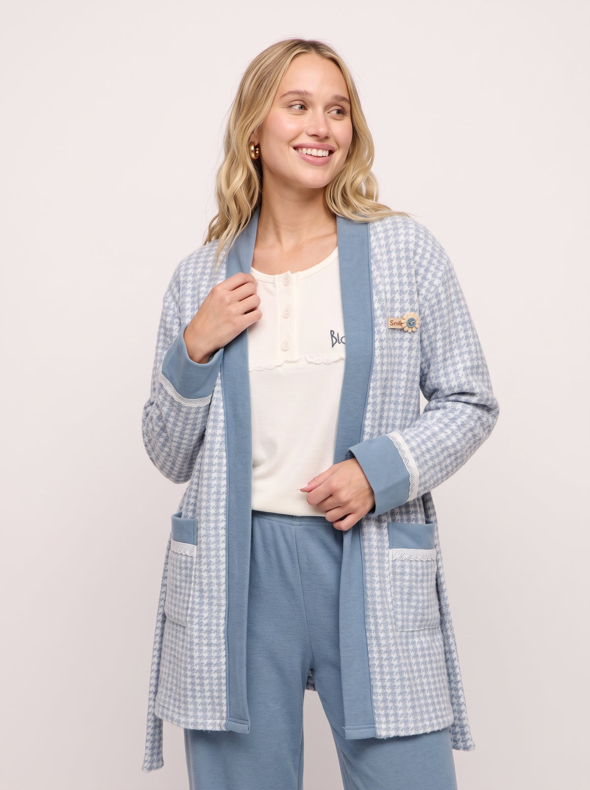 Houndstooth 3-Piece Knit Cardigan & Pajama Set