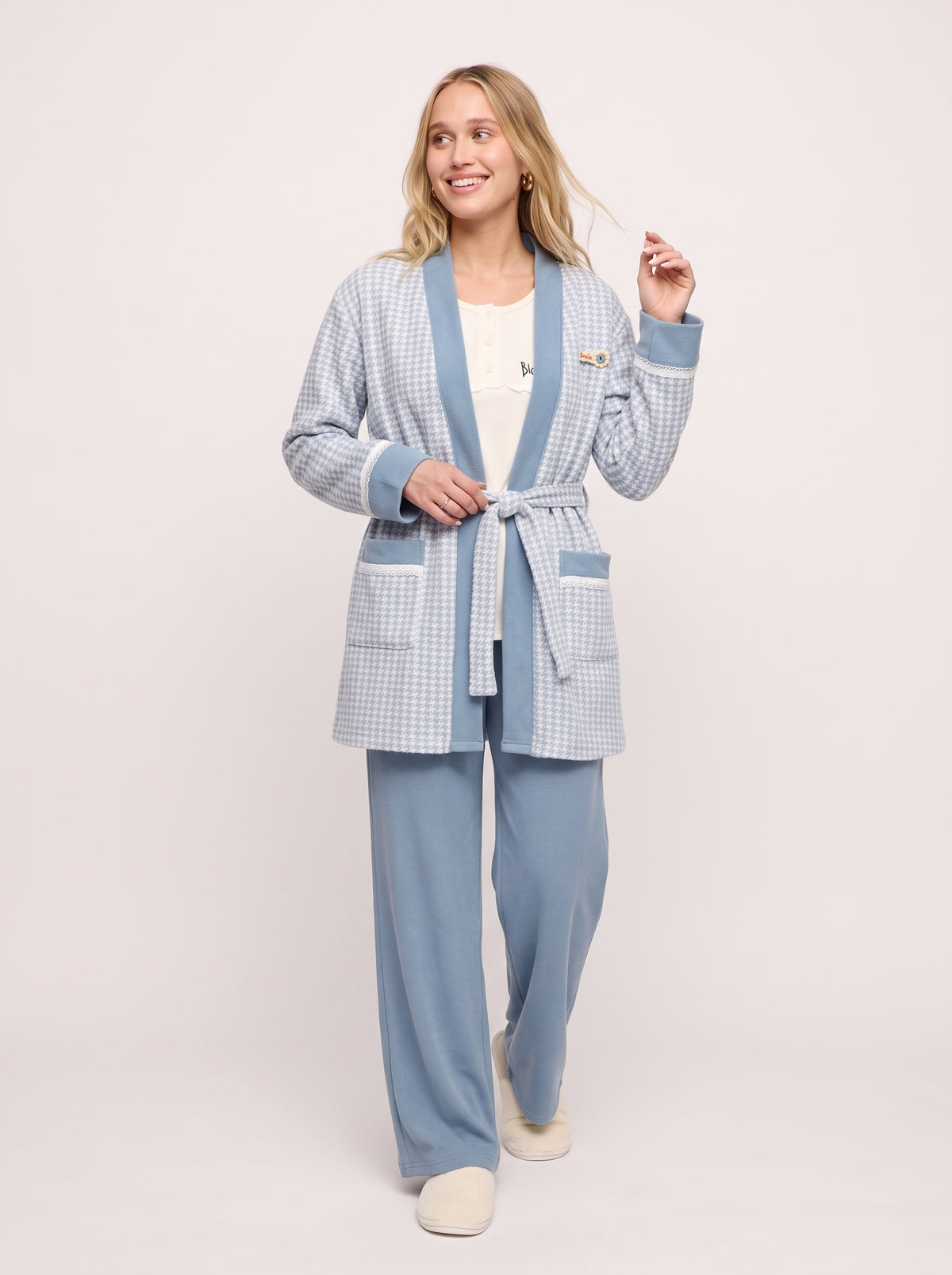 Houndstooth 3-Piece Knit Cardigan & Pajama Set