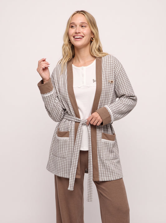 Houndstooth 3-Piece Knit Cardigan & Pajama Set