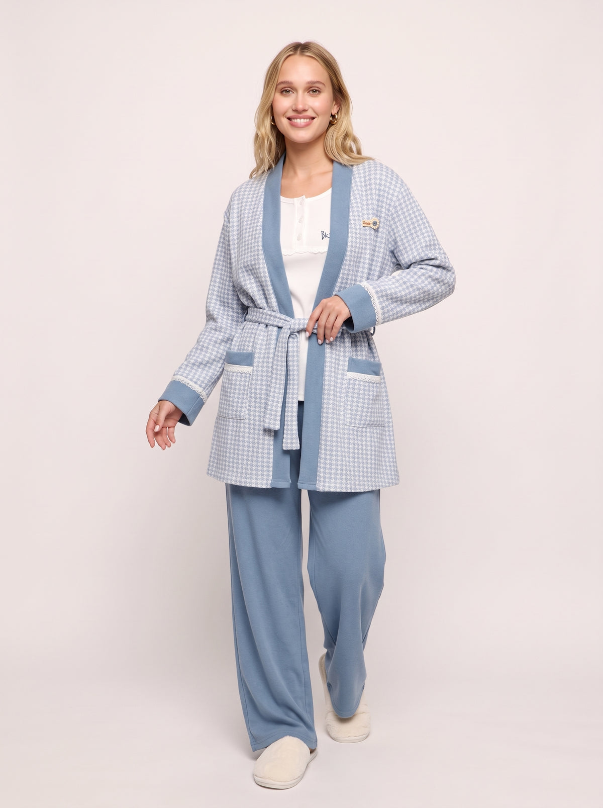 Houndstooth 3-Piece Knit Cardigan & Pajama Set