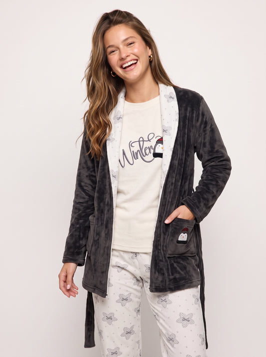 Cozy Penguin 3-Piece Velvet Pajama & Plush Robe Set